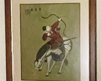 #16___$150 set 
Pair of Asian horse riders in wood frames • 28 x 34