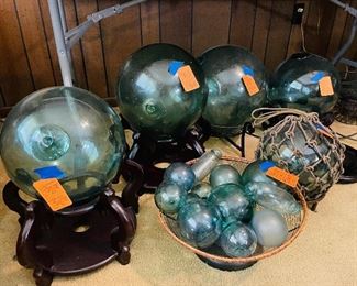 #46___$Japanese green Floats glass balls $100 to $75 each • 12 and 14 inches in diameter