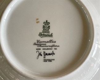 #57___$495
Heinrich Camellia Japonica Pomponia Set of China John Wanamaker
12 dinner plates
12 square plates
12 round soup bowls
12 B&B plates
12 saucers No cups 
1 veggie oval bowl
1 oval relish 
1 oval meat platter
Total 63 pieces 