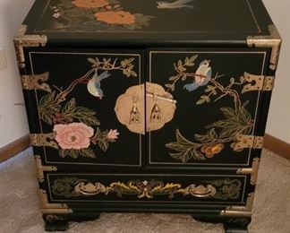 Black  painted jewelry cabinet Is Asian inspired small side table or night stand woodale. 145.00