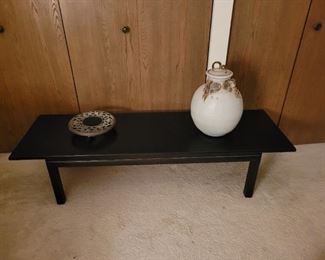 Painted coffee table 75.00, art pottery 75.00 brass wheeled trivet 5.00 wooddale