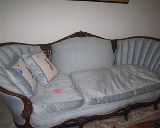 Beautiful baby blue upholstery and feather stuffing with original horse hair frame
