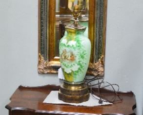 Trumeau Mirror, Small Mahogany Chippendale Table, Longaberger Basket, Porcelain Lamp 