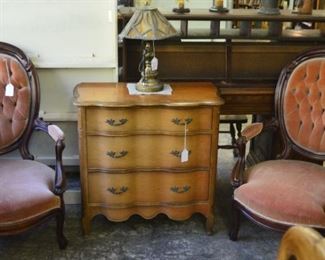Pr Victorian Chairs, 3 Drawer French Chest, Slag Glass Lamp 