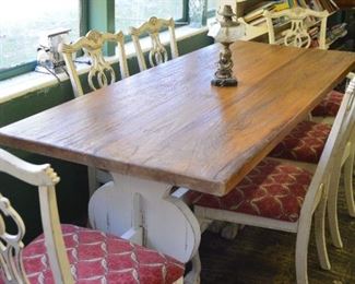 Farm Table & 6 White Chippendale Chairs