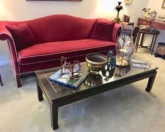 Camelback Sofa with Red Velvet Upholstery 