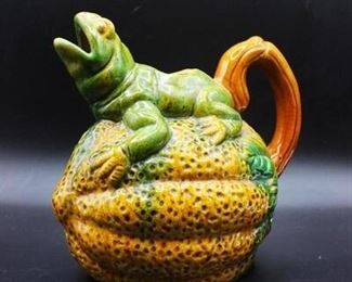 Antique Vintage Majolica Frog on Melon Decorative Water Pitcher