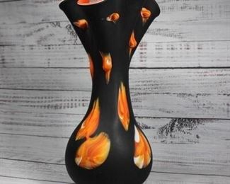 Essie Zareh Baijan Collectible Black Orange Ruffled Blown Art Glass Vase