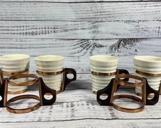 Set of White Ceramic Cup and Metal Copper Cup Holders