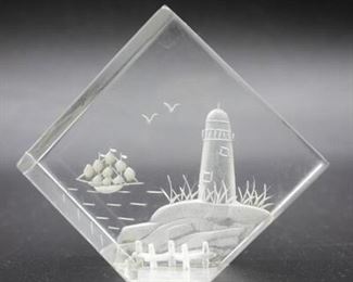 Small Engraved Glass Cube Ship and Lighthouse Decorative Piece