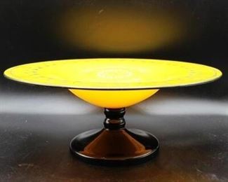 Vibrant Yellow and Black Art Glass Bowl with Vine Edge Kralik Tango Czechoslovakia