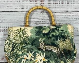 Vintage Bamboo Handle Jungle Print Hand Bag Purse Clutch