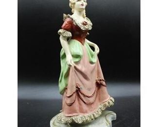 Vintage Bisque Porcelain Lady Figurine Pink Red Dress with lace trim