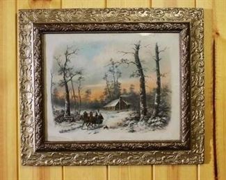 Vintage Framed Pastel Print of a Winter Sunset in New England by William Chandler