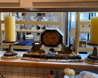 $4000 Marble 1800's Mantle clock with matching Candleabra's (runs and chimes may need cleaning).