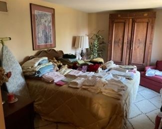 VINTAGE LINNENS.  NICE KNOCK DOWN WALDROBE.   KING SIZE BED