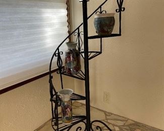 Wrought Iron Spiral Tiered Display Stand with Signed Pottery