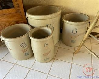Antique Glass Front Sideboard and Red Wing Crocks