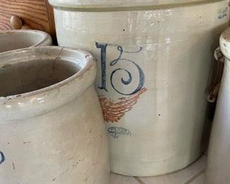 Antique Glass Front Sideboard and Red Wing Crocks