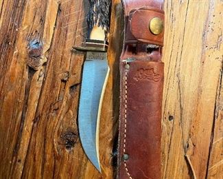 Vintage SCHRADE USA 498 Hunting Knife w/ Leather Sheath