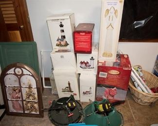Assortment of Christmas Houses, Lights, Tree Stands and Wrapping Paper