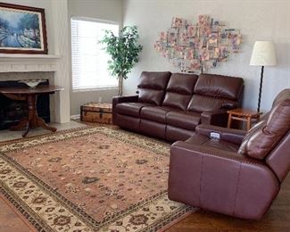Arizona Leather Lyndsey Reclining Sofa w Matching Electric Reclining Chair, Area Rug, Drop-leaf Table, Metal Wall Art, Trunk, Silk Tree, Thomas Kinkade