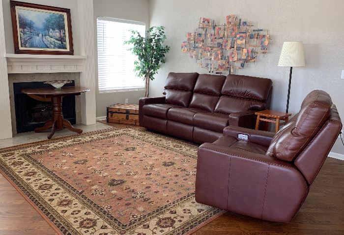 Arizona Leather Lyndsey Reclining Sofa w Matching Electric Reclining Chair, Area Rug, Drop-leaf Table, Metal Wall Art, Trunk, Silk Tree, Thomas Kinkade
