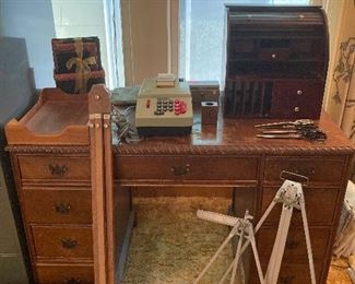 small office desk, easels, Hermes adding machine