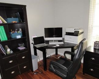 Desk, office chair, 2 drawer file cabinet, shelf unit, desktop computer, laptop, printer