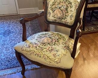 Sweet little side chair in faux needlepoint design.