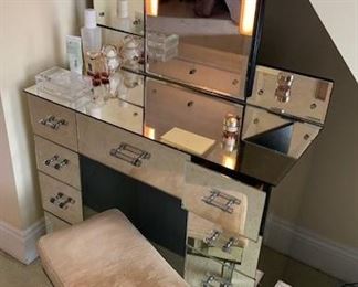 Mirrored Vanity with mirrored stool and basket