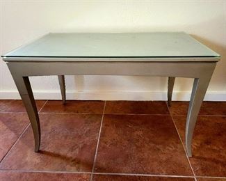 Gray wooden side table with glass top $45