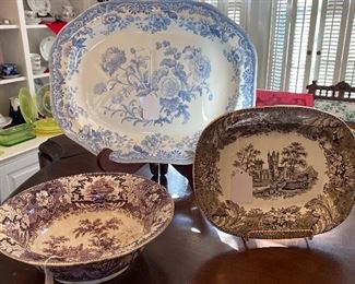 OLD BLUE AND WHITE MEAT PLATTER AND OLD TRANSFER WARE PIECES