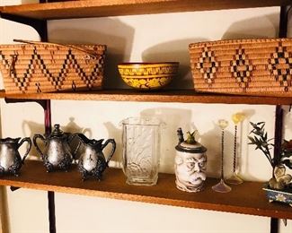 Salish Thompson River Indian baskets, silverplate coffee set, Czech glass vase & more