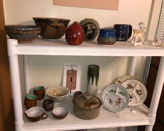 Studio pottery (blue rim piece on top shelf is by Winblad Hjelmqvist), Toyo vase, vintage kids plates 