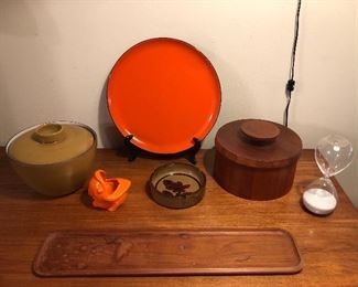 Heath Ceramics covered bowl, orange fish ashtray, Swedish teak tray, Dansk IHQ teak ice bucket (lid repaired), large hourglass
