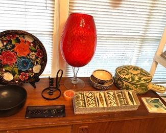 Mexican painted wood bowl, orange snifter #2, Japanese tea mugs, Mexican pottery