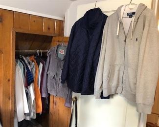 Men’s clothing including Ralph Lauren Polo hoodie, suede + leather jacket