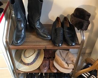 Men’s shoes & hats including black leather cowboy boots (size 12D) & Bill Blass black loafers