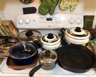 Pots & pans, cast iron skillet, cookbooks