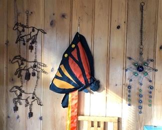 Porch decor: horse wind chime, Monarch butterfly windsock, suncatcher