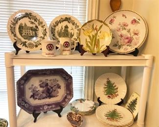 Wedgwood UW plates, Harvard mugs, Bavarian & Haviland plates, antique purple transferware platter, Blue Ridge Xmas tree plates