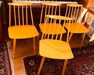 Set of 4 vintage Folke Palsson J77 wooden chairs (for FDB Mobler - Denmark) with original YELLOW paint (17” wide at front, 30.5” high at back)