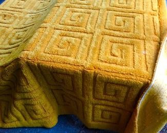 Vintage harvest gold rug with Greek key design (80” x 105”) It feels kind of like a giant bath mat - back is not stiff