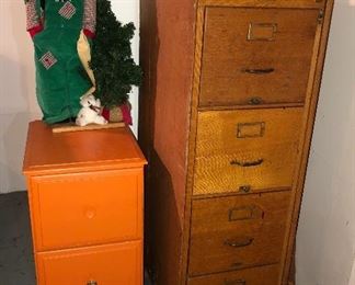 Orange 2 drawer chest, old oak Shaw-Walker file cabinet (52”H, 17”W, 27”D)