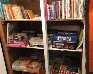 Vintage board games, wooden chess sets, kids books including Mad Magazine titles