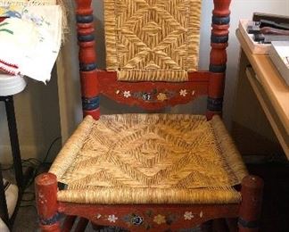 Mexican folk art hand painted red chair with rush seat (41” high at back - adult size)