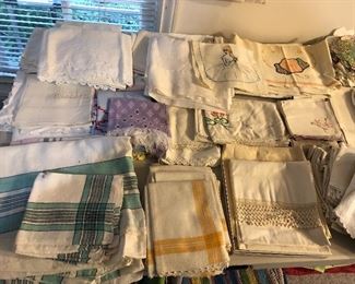 Vintage linens galore: tablecloths & napkins, embroidered pillow cases, assorted damask pieces