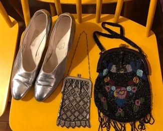 Vintage silver pumps, metal mesh purse, beaded purse