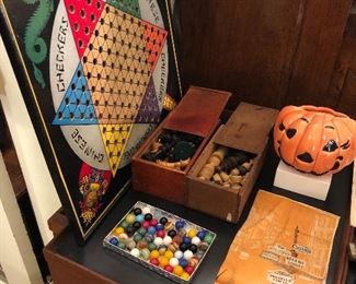 Chinese checkers board & marbles, vintage wooden chess sets, Haeger jack o’lantern planter, London hankie